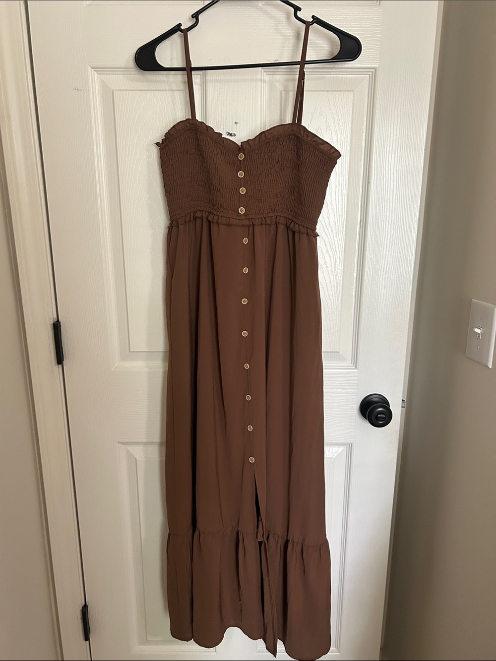 Brown Smocked Button-Front Maxi Dress — Women